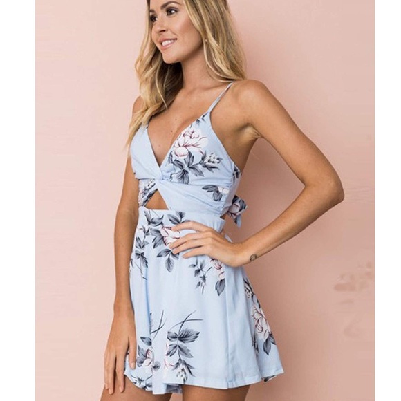 Sky Blue Babydoll Open Tie Back Fancy Romper,S-XL - Picture 2 of 6